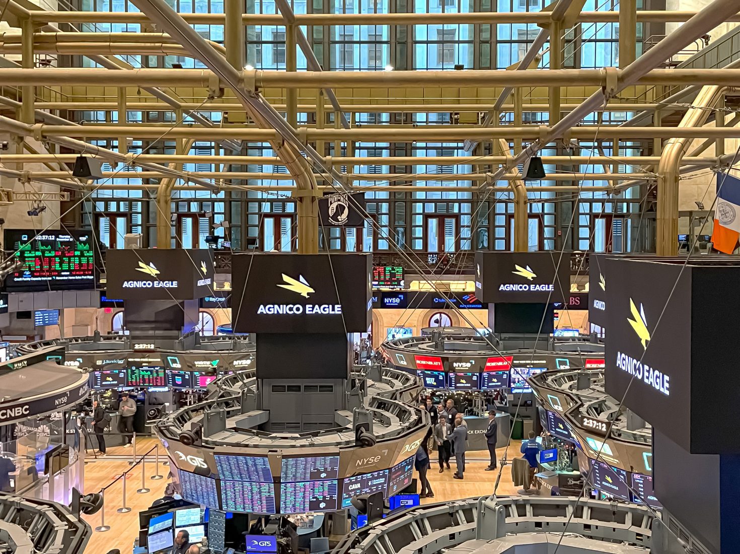 Interior of the New York Stock Exchange trading floor showing balcony doors